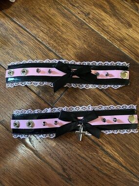 Dolls Kill Pink and Black Lace Ribbon Bracelet Set with Cross